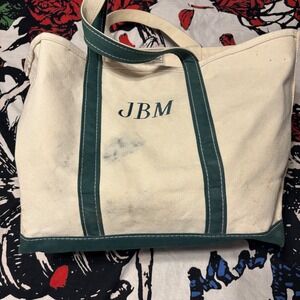 LL Bean Boat and Tote Canvas Bag Green Large Monogram JBM Open Top Made in USA